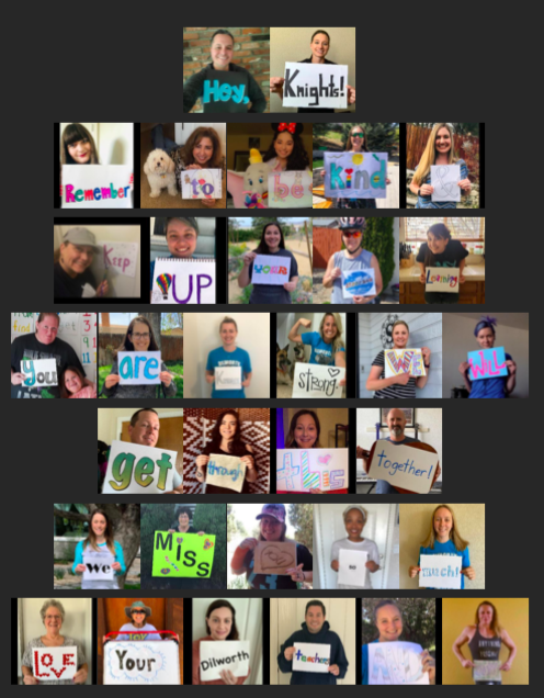 Dilworth staff holding signs of encouragement for students and families 